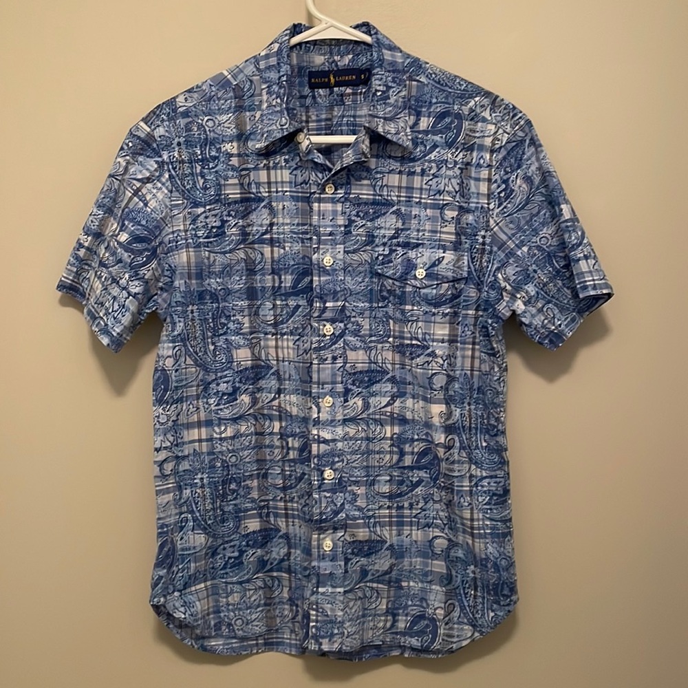 Ralph Lauren Men’s Blue Paisley/Plaid Short Sleeve Button Up Shirt Size S